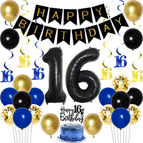 Décorations de 16e anniversaire pour garçons complètes anti-stress or noir bleu