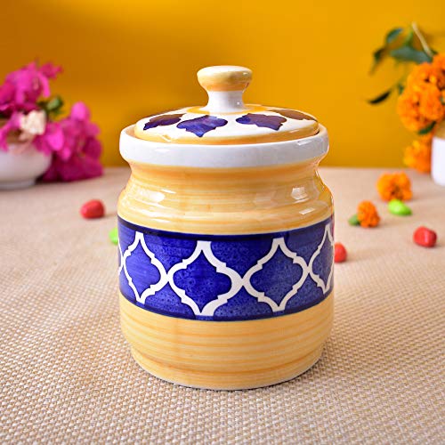Image of Ceramic Jars (1000 ML) - Handcrafted Multipurpose Barni with Lid for Pickle, Chutney, Spices, Salt, Sugar - Kitchen Storage Containers, Yellow Blue
