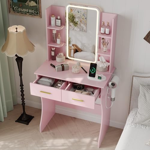 Image of HUANLEGO Small Pink Vanity Desk with Mirror and Lights for Women Girls | Vanity Mirror with Lights, 3 Lighting Adjustable, LED Light Strips, Built-in Power Outlet, Compact Dressing Table For Girls