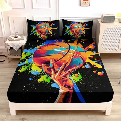 UEVBF Black Basketball Bedding Sets,Watercolor Tie-dye Bedding Color Graffiti Hip Hop Style Twin Sheets Set Boys,Ball Sports Games Bedding for Kids Room Decor,1 Fitted Sheet+2 Pillowcases.