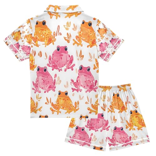 Yellow Cute Frog Satin Summer Pajama Sets Silk Short Sleeve Button Down Sleepwear2
