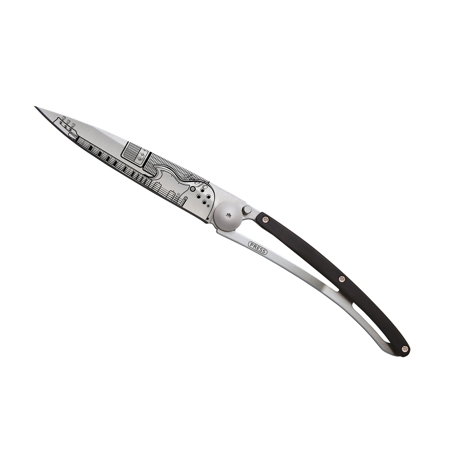 deejo - Couteau de Poche Pliant 37g - Manche en Bois d'Ebène, Lame en Acier Inoxydable Z40C13 - Motif Rock'n'Roll - Couteau de Table, Randonnée, Camping, Bivouac