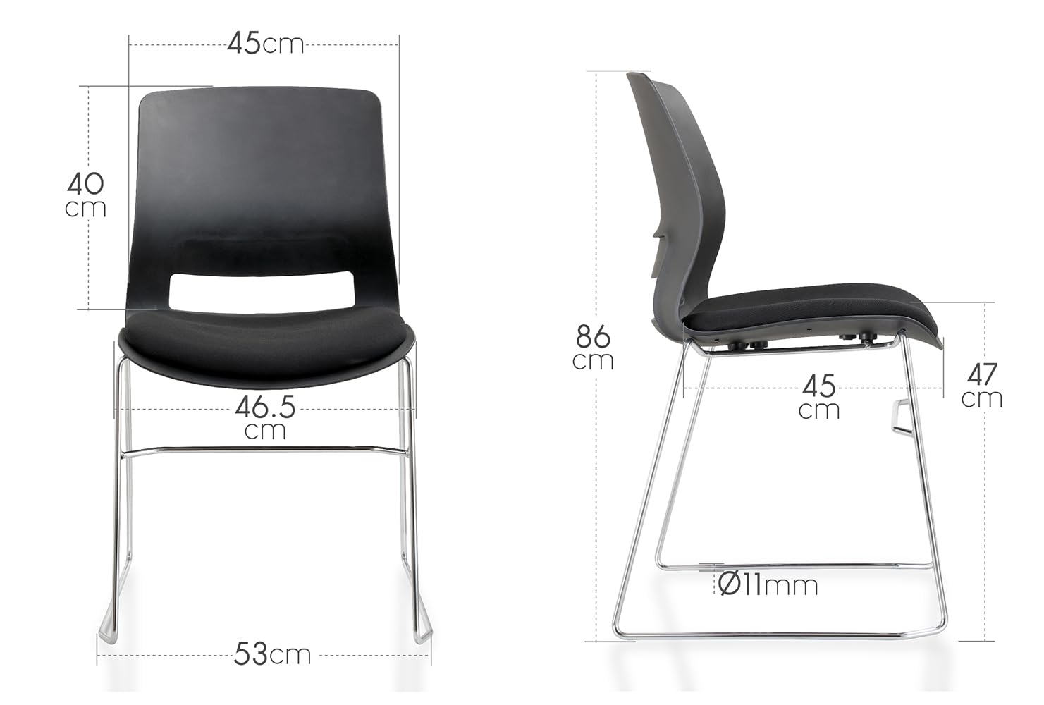 Waytex Lot de 2 Chaise Bureau Visiteur, Sièges Multi-Usage, Salle d’Attente, réunion, Accueil – Noire - Empilable – Coque polypropylène - Assise Tissu matelassée – Pied Acier chromé - Noire