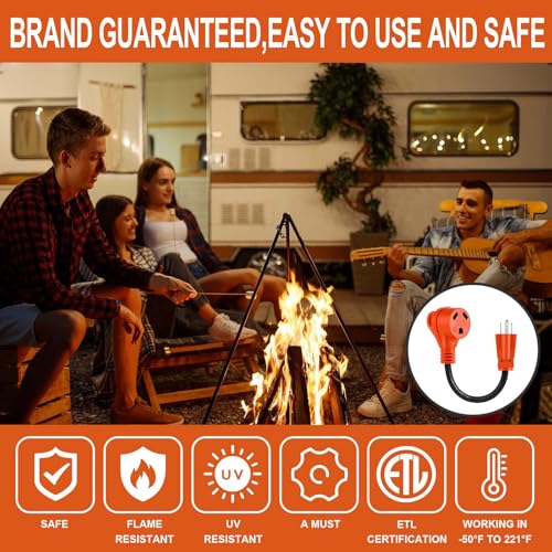 Image of 30 Amp to 110 Volt RV Adapter Cord, Dogbone NEMA 5-15P to TT-30R | RV Electrical Power Adapter with LED Indicator, 12 /3 Gauge RV Dogbone Adapter with Grip Handle, 12 Inch, Orange, ETL Listed