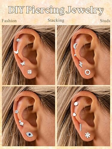 Thunaraz Dainty Hypoallergenic Flat Back Stud Earrings for Women Trendy 14K Gold Filled Cartilage Earring Helix Conch Tragus Piercing Jewelry Small Surgical Stainless Steel Earring Sets 20G3