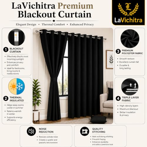 Image of LaVichitra 2 Pieces Solid Premium Blackout Curtains - Thermal Insulated, 3 Layered, 100% Opaque Window - 6 feet, Black