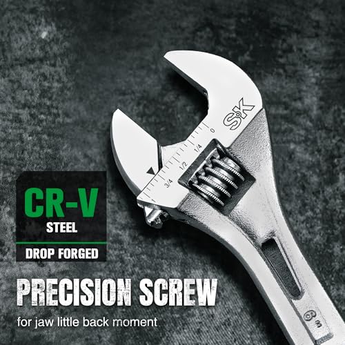 Image of SK 6-Inch Adjustable Wrench, 15 /16 inch Jaw Capacity, SAE&Metric Scales | X-Frame Handle, Precision Jaw, Heat Treated CR-V Steel, Chrome-Plated Rust Resistant Finish