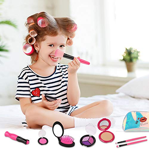 Rusee Kids Pretend Makeup Kit, Girls Fake Make Up Kits with Cosmetic Bag for Ages 4-10 Year Old, Makeup Set Toy Including Brushes, Eye Shadows, Lipstick, Nail Polish, Necklace, Comb and More