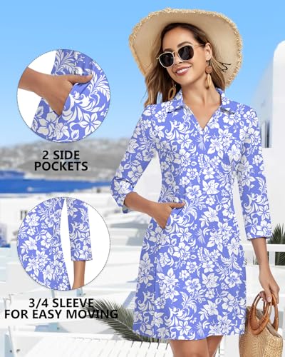 Image of WOWENY 3 /4 Sleeve Dress for Women with Pockets V Neck UPF 50+ Casual Sun Dress Breathable Quick Dry Beach Vacation