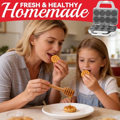 Mini Waffle Maker Machine, Tiny Waffle Bites Iron for Kids, Bake 8 x 2'' Tiny Waffle Bites, Small Waffle Maker, Compact & Easy Use, Non Stick Surface, Recipe Included, White