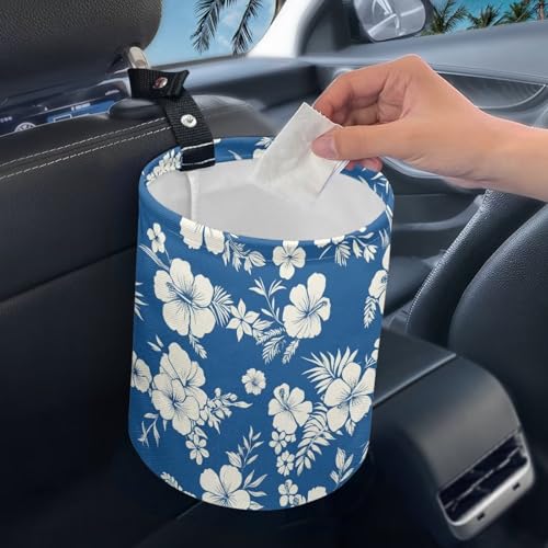 Image of Blue Tropical Flower Car Garbage Can Mini Car Trash Bin Hanging Headrest with Adjustable Buttons Multipurpose Cars Organizer