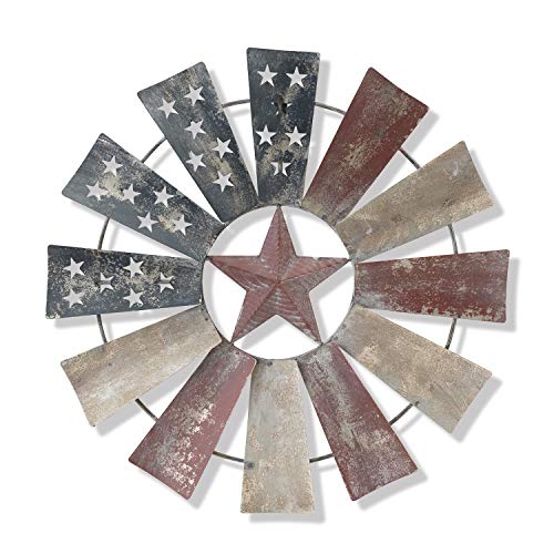 Orchid & Ivy 21-Inch Vintage Metal American Flag Windmill and Star Wall Art – Patriotic Farmhouse Front Door Decoration – Rustic Indoor Outdoor Wreath 4th of July Home Decor