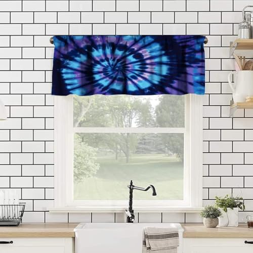 Image of Swirl Tie Dye Purple Black Window Valance Curtain, Retro Spiral Hippie Style Chic Multicolor Watercolor Window Treatment Valances for Kitchen Living Room Cafe Decor 54'x18', 1 Panel