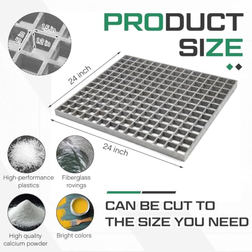 Image of Cinnvoice 24 x 24 x 1.2 in Fiberglass Molded Grating, Non-Slip Frp Bar Grate Panel 1.5 inch Square Open Mesh Industrial Grating for Floor, Platform, Deck, Drain Trench, Car Wash