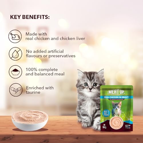 Image of Meat Up Kitten Wet Cat Food 16 Pouches x 50g, Total 800g | Real Chicken | Supports Heart & Vision | Strong Bones & Teeth | Natural Flavours | Organic Minerals & Vitamins
