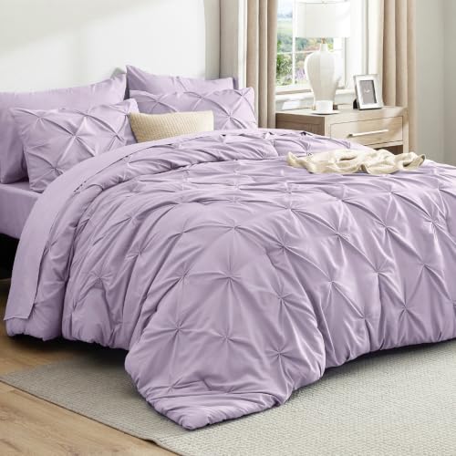 Image of Bedsure Full Comforter Set Light Purple - Bed in a Bag Full Size Bedding Set 7 PCS, GentleSoft Pintuck Bed Set Gift for Family, All Season Down Alternative Comforter with Sheets, Pillowcases & Shams