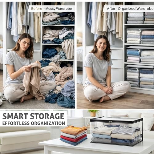 Image of Storite PVC Wardrobe Bag Underbed Moisture Proof Cloth Storage Organizer, Storage box for Clothes Saree Bags with Zippered Closure & Handle (Transparent, 42x33x22 cm)