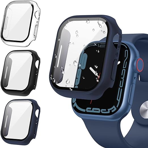 VEGO [3Pack for Apple Watch Screen Protector Case Series 9 8 7 45mm, iWatch Protective Face Cover, Tempered Glass Film Hard PC Bumper for Women Men, Ultra-Thin Guard (45 mm, Clear/Black/Blue)-image-19