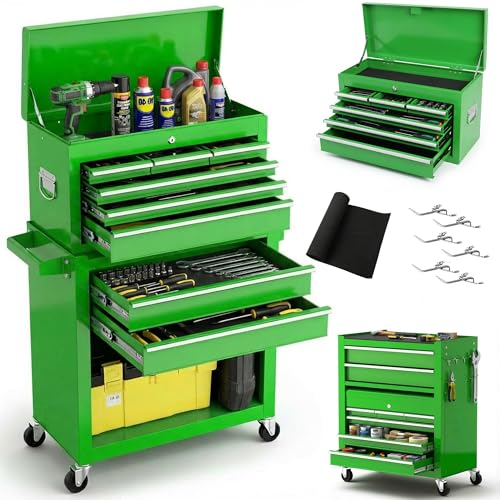 Dawmilon Tool Chest, 8-Drawer Rolling Tool Storage Cabinet with Wheels, Detachable Top Tool Box, and Locking Mechanism, Metal Barber Tool Cart with Liner and 6 Hooks for Garage, Workshop, Green