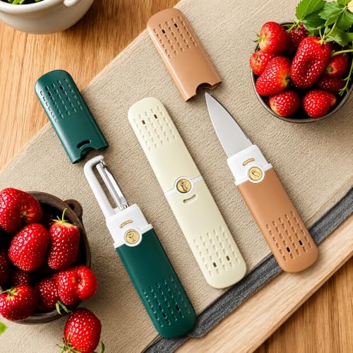 Image of 2-in-1 Fruit Knife & Peeler with Case - Portable Stainless Steel Pocket Kitchen Knife for Travel & Home Use