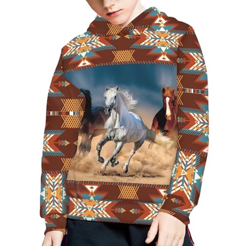 Boys Girls Hoodies Sweatshirts Kids 3D Print Ethnic Style Horse Pullover Hooded Fall Winter Clothes for 6-16T4