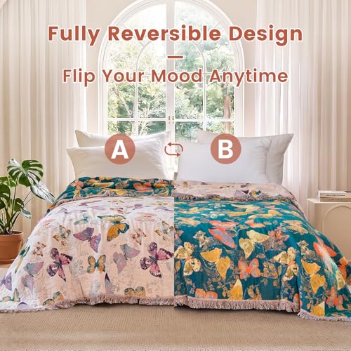 Image of MSGKV Boho Throw Cotton Butterfly Blanket 60 inchx80 inch for Couch Sofa Decor