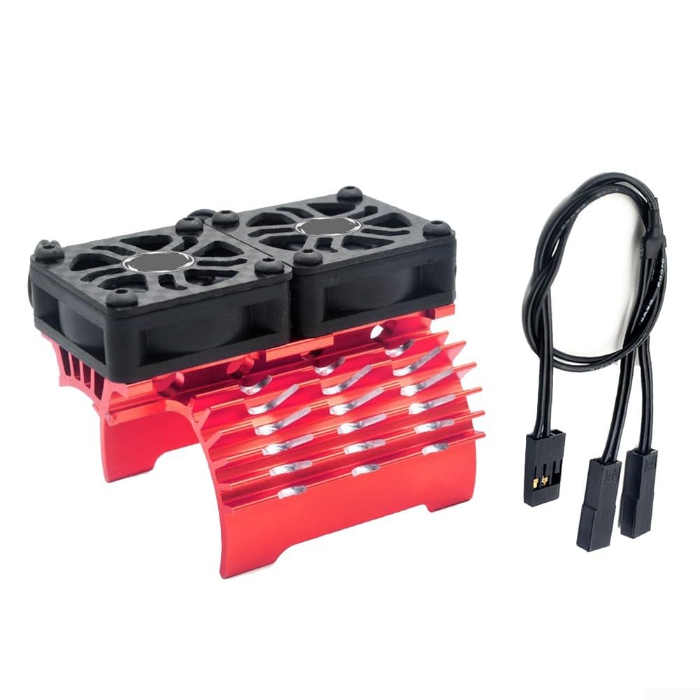 Dual Fan RC Motor Cooling Heatsink 40mm 42mm Brushless Motor Radiator 8.4V 27000RPM Aluminium Alloy Shroud with Extension Cable for RC Car Racing Parts(Red)