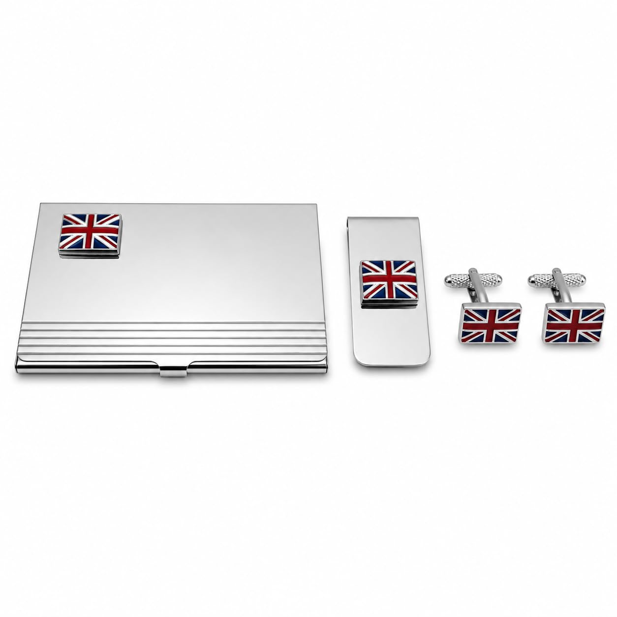 Union Jack Business Card Holder, Money Clip & Cufflink Set for Men – Onyx Art BMC12 Premium British Flag Gift Set, Matching UK Heritage Accessories for Formal Wear & Business Use