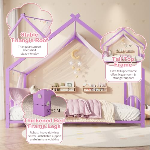 Image of Garvee Full Size Metal House Bed Frame for Kids, Purple