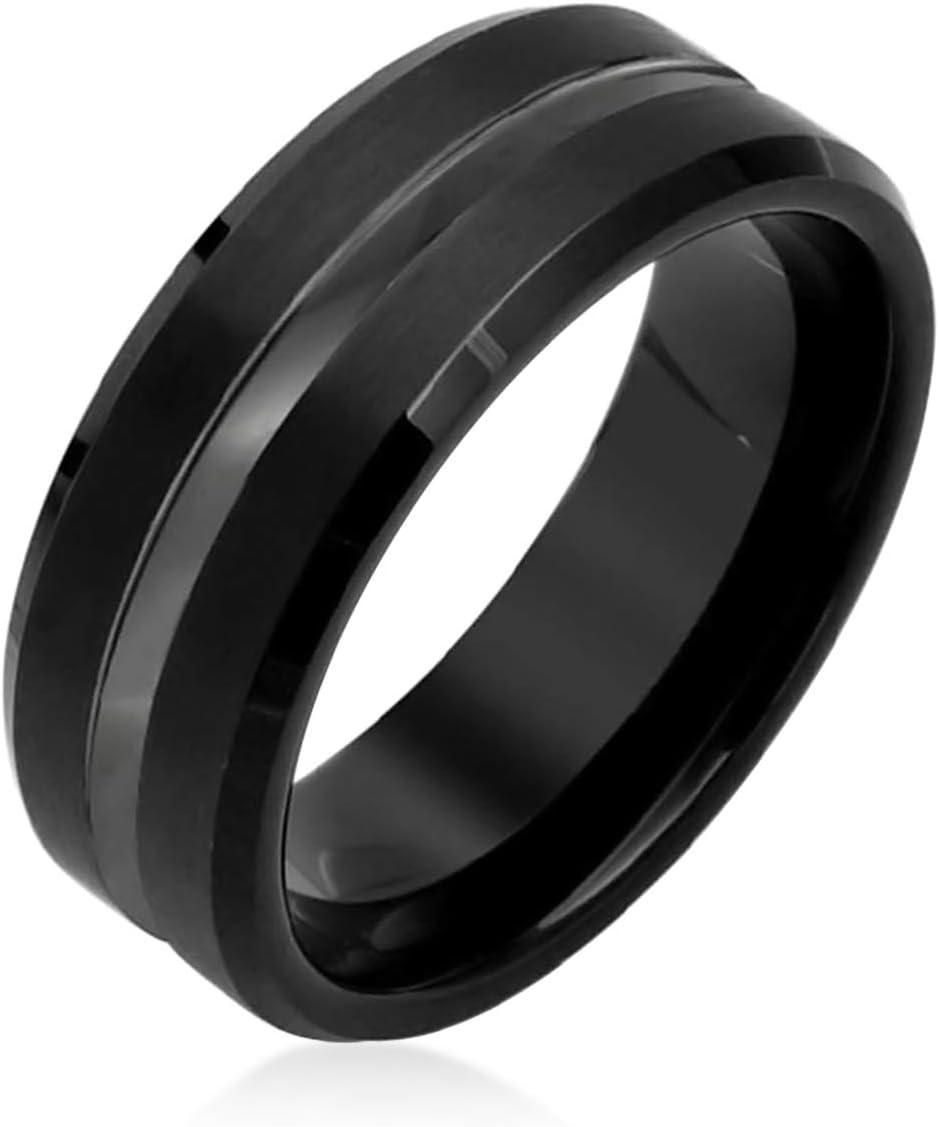 Bling Jewelry Simple Black Silver Two Tone Center Couples Titanium Wedding Band Ring For Men For Women Comfort Fit 8MM