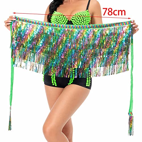 UGPLM Cachecol de Dança do Ventre Curto com Borla Roupa Rave Brilhante Versátil Moda de Lantejoulas