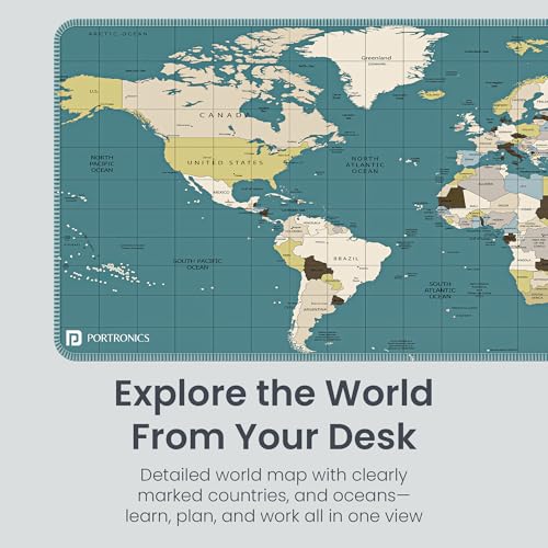 Image of Portronics Comfipad Atlas World Map Desk Mat 80x30cm Extended Mouse Pad with Anti-Slip Rubber Base, Stitched Edges, Smooth Fabric Surface, Waterproof, Rollable Desk Pad for Office, Gaming, Blue