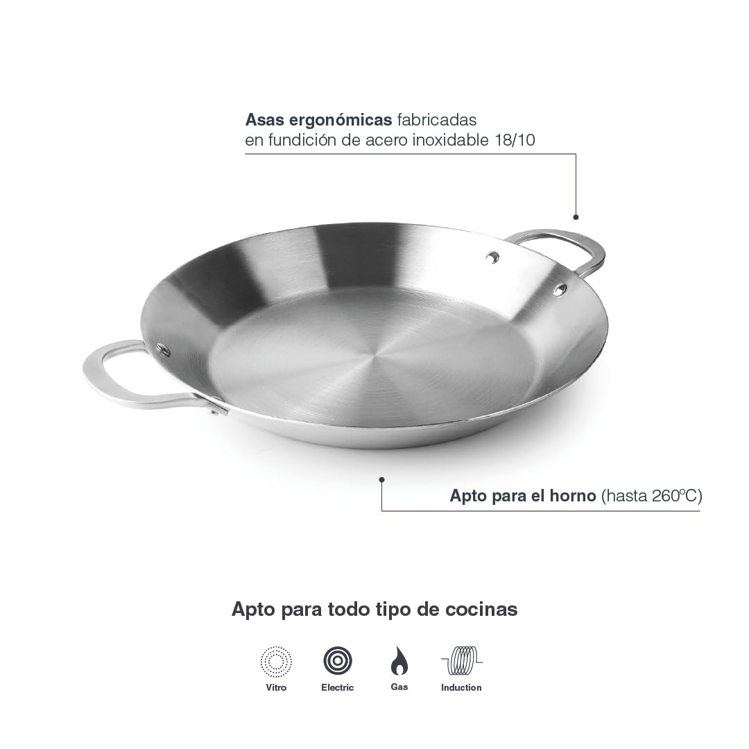 LACOR - 60840 - Paellera Inducción, Paellera Acero Inoxidable TriChef, Tecnología TriCapa, Asas Inoxidables, Inducción y Horno, 7 Raciones, Fácil Limpieza, Lavavajillas, ø de 40 cm y Altura de 6 cm