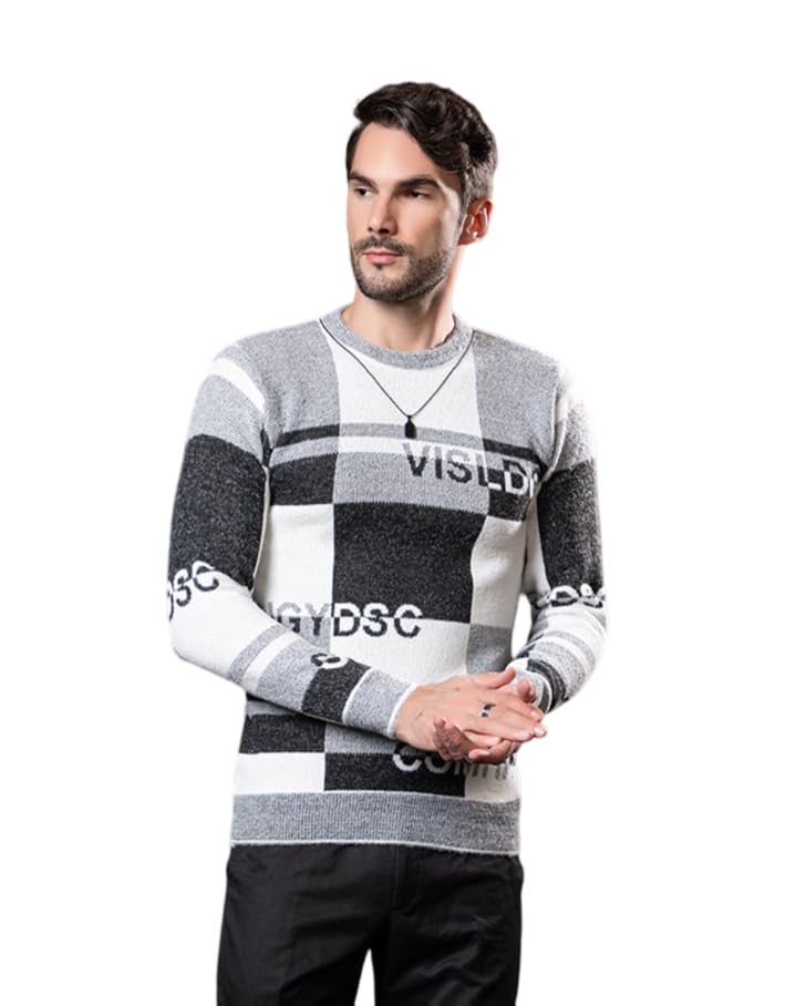 swaaglok - style that speaks Men’s Graphic Checkered Knit Sweater | Monochrome Pullover with Bold Lettering & Grid Design | Slim Fit Crew Neck Winter Jumper-picture-56
