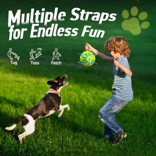 Image of QDAN Dog Toys Soccer Ball, Durable Dog Balls with Strap for 30-90 lbs Dogs | 8 Inch Soccer Toy with Tabs, Training Herding Balls for Outdoor, Dog Tug Toy for Tug of War, Puppy Birthday Gifts, Green