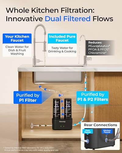 Image of Waterdrop DLG-P Under Sink Water Filter System, Reduces PFAS Chlorine Chloramine Fluoride Odor, 2 Stage Under Sink Water Filtration System with Dedicated Faucet, 2-Outlet Filter, Life Indicator
