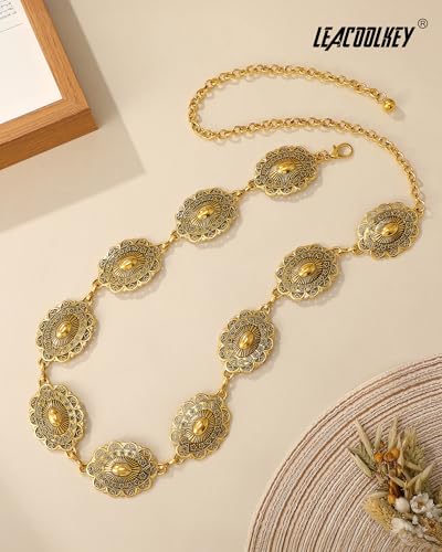 Image of LEACOOLKEY Western Concho Belt for Women Cowgirl Boho Waist Chain Belt for Dresses Jeans Pants
