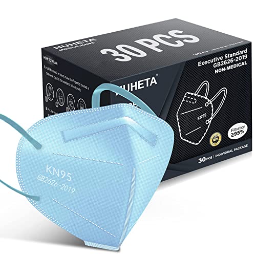 HUHETA KN95 Face Mask, 30 Pack Individually Wrapped, 5-Ply Breathable &amp; Comfortable Safety Mask, Filter Efficiency=95%, Protective Cup Dust Masks Against PM2.5 (Blue Mask)