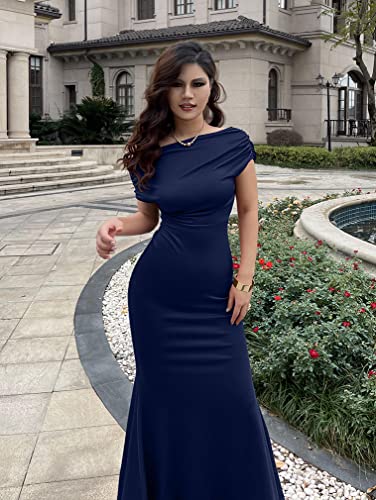 Image of YMDUCH Women's Sleeveless Off Shoulder Long Formal Party Dress | Backless,Stretch,Fitted,Mermaid,One Shoulder,Bodycon,Elegant,Slim,Formal,Solid,Evening,Wedding Guest,Bridesmaid,Maxi