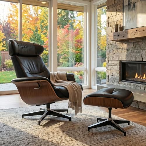 hausway Mid Century Modern Chaise Lounge Chair with Ottoman,Swivel Accent Chair Top Black Full Grain Leather,Walnut Wood,Adjustable Backrest and Headrest,Heavy Duty Metal Base for Office,Living Room