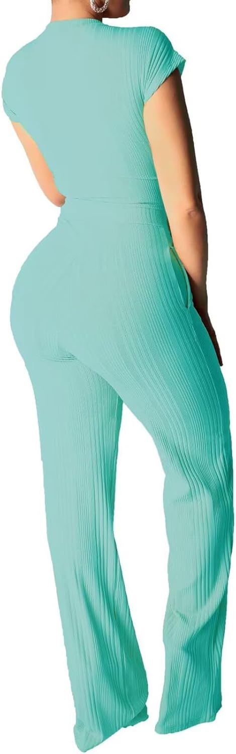 EDITCOZY Women 2 Piece Outfits Sexy Tie Front Crop Top Wide Leg Pants Sets Casual Summer Ribbed Two Piece Set - Image 3