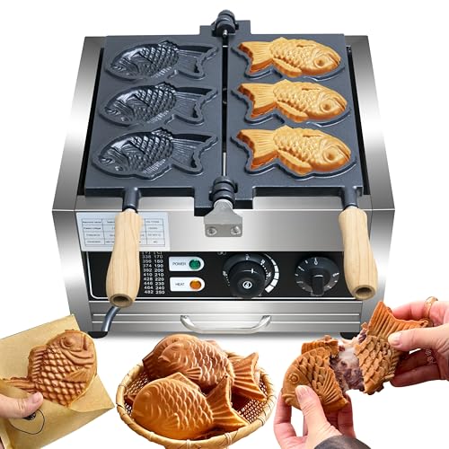 Taiyaki Fish Waffle Maker ，3pcs Non-stick Electric Cake Waffle Maker Taiyaki Baker Fish Shaped Waffle Cones,stainless steel, for Family, Restaurants, Snacks