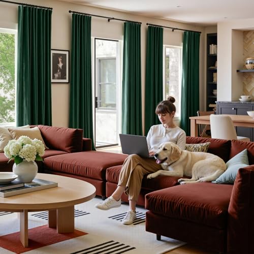 Image of Extra Long Emerald Green Velvet Curtains 52x108 Inch 2 Panels | Soft Velvet, For Tall Windows & High Ceilings, Light Shifting Texture, Elegant Drape, Classic, Rod Pocket