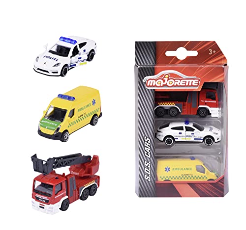 Majorette 212057261IM1 3-Pack Dänische Rettungsfahrzeuge 3-Pack Dänische Rettungsfahrzeuge mit Polizeiwagen, Krankenwagen und Feuerwehrauto aus Metall, 7,5 cm, Ab 3 Jahren