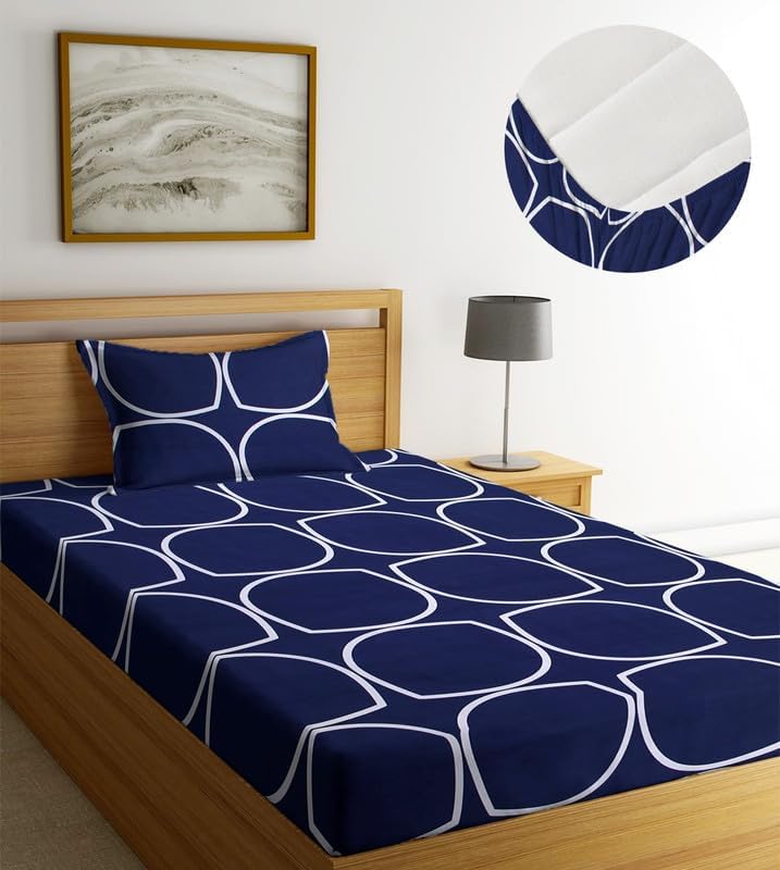 Image of NEW LEAF Premium Cotton Elastic Fitted Bedsheets with 1 King Size Pillow Covers | Single Mattress Bed with All Around Elastic 200 TC Supersoft | Size - 72 x 36 +6 inches | Blue Red Heart