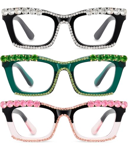 Hubeye Oprah Style Rhinestone Reading Glasses for WomenBlue Light Blocking Computer Square Readers +2.0