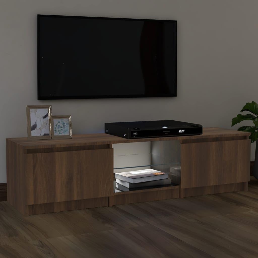 VidaXL TV stand with white LED lighting activated in the central compartment, providing clear illumination.