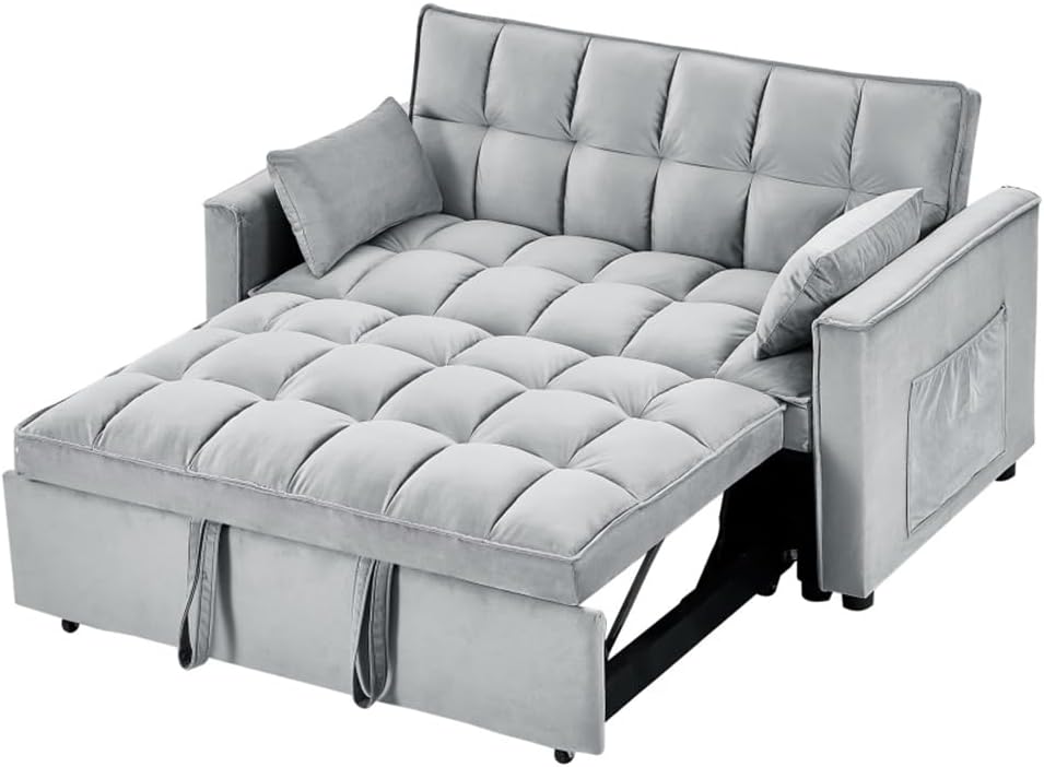 Sleeper Sofa Couch W/Pull Out Bed, 55" Velvet Convertible Sleeper Sofa Bed, W/Pillows & Side