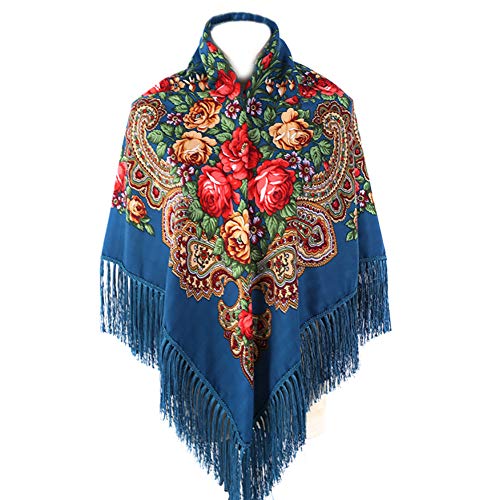 Gudessly, Bufanda tradicional para mujer, con borlas y flecos, chal retro con estampado floral, poncho con cuello y cabeza, Azul lago, Talla única