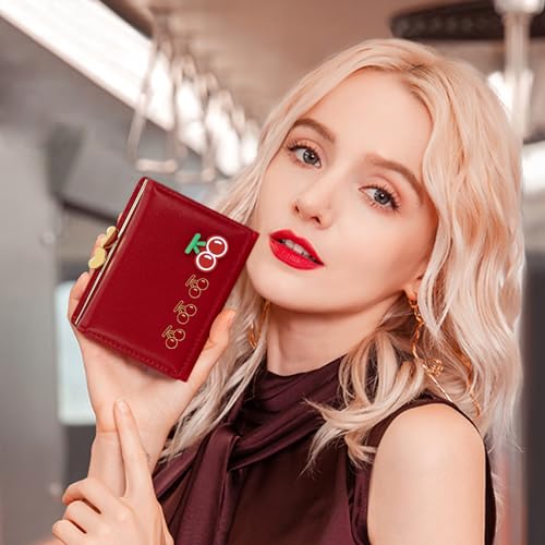 Image of YINHEXI Wallet Women, RFID Blocking Small Compact Trifold PU Leather Card Holder Purse with Coin Pocket & ID Window for Ladies, Teens, and Girls (Cherry Red)
